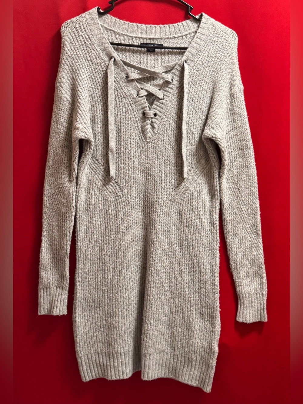 🔥#657- American Eagle Outfitters Lace-Up V-Neck Knit Gray Sweater Dress Sz.Small